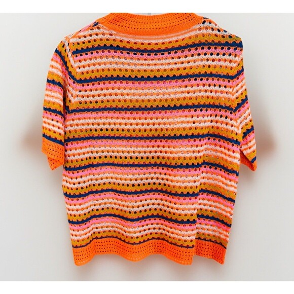 Womens Bright Colorful Open Knit Sweater Size XL Striped Orange Hippie - Picture 4 of 5